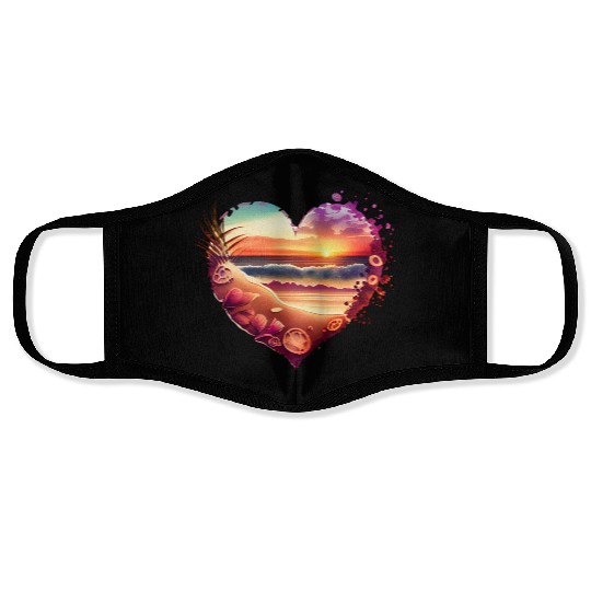 Retro Beach Heart Sunset Watercolor Face Masks
