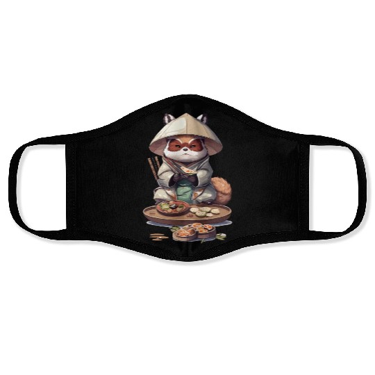 Tanuki Warrior Eat Sushi Face Masks