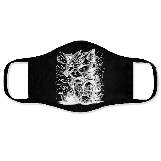 Little Cool Space Cat Splash Tattoo Style Face Masks