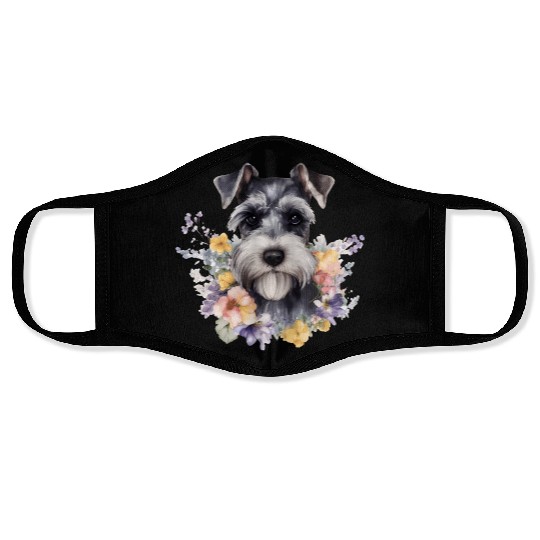 Schnauzer Dog Watercolor Floral Face Masks