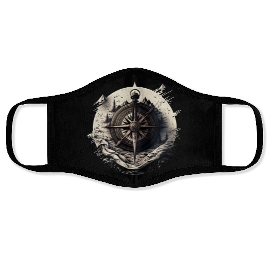 navy compass Face Masks