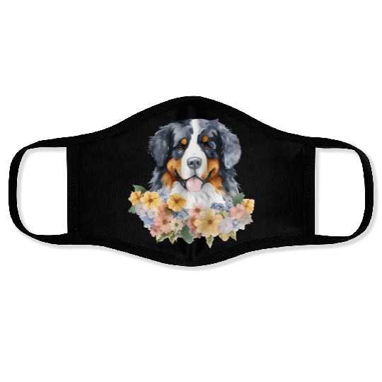Bernese Mountain Dog Watercolor Floral Face Masks
