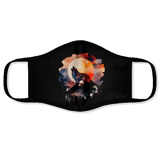 Wolf Howling at Moon Watercolor Face Masks