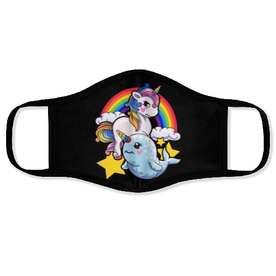 Cute Horned Narwhal And Unicorn Animal Friends Face Masks