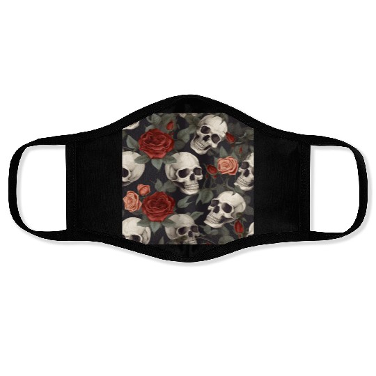 Skulls & Red Roses Pattern Dark Elegant Gothic Face Masks