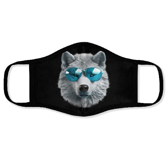 Grey Wolf Wearing Blue Sunglasses Wildlife Animal Face Masks