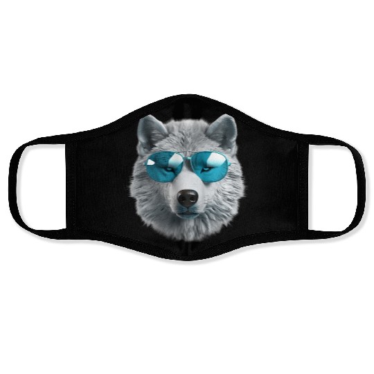 Grey Wolf Wearing Blue Sunglasses Wildlife Animal Face Masks