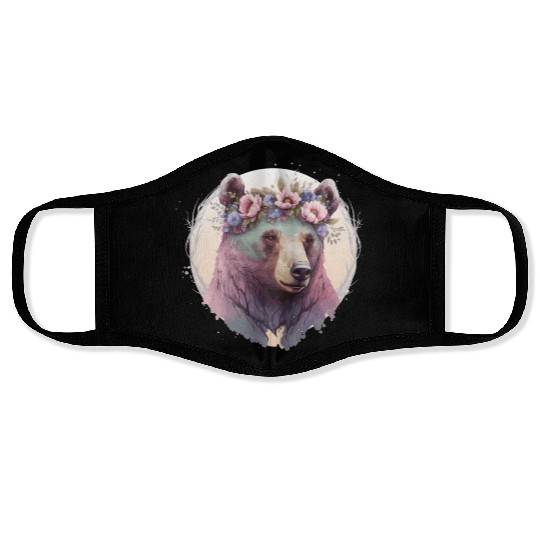 Cute Watercolor Grizzly Bear Flower Crown Floral A Face Masks