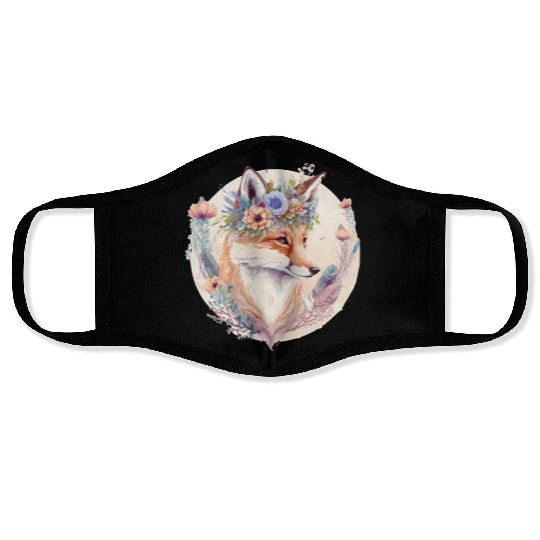 Cute Watercolor Fox Flower Crown Boho Aesthetic Face Masks