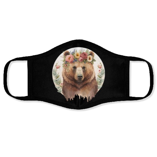 Cute Brown Bear Grizzly Flower Crown Animal Lovers Face Masks