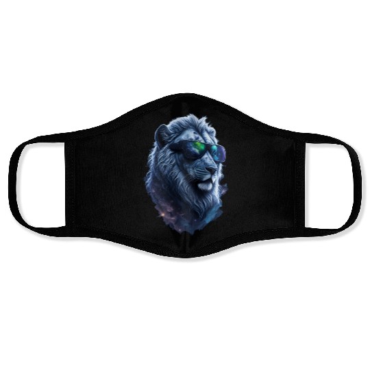 Silver Lion in Space: The Coolest Cat with Shades Face Masks