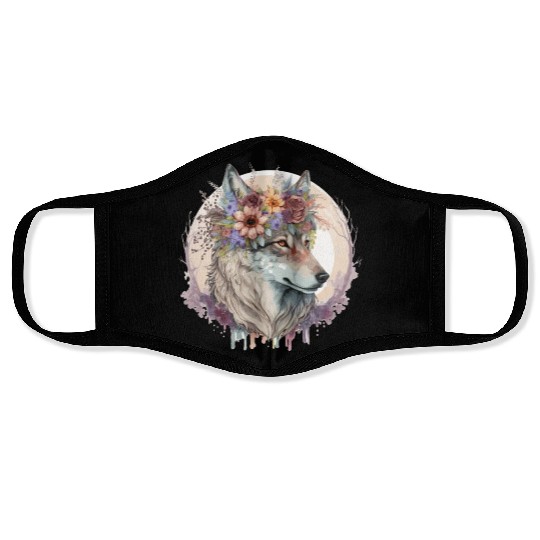 Cute Wolf Flower Crown Boho Aesthetic Animal Lover Face Masks