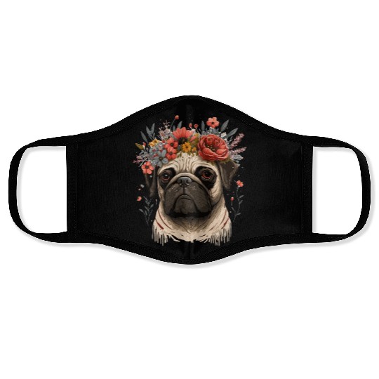 Cute Pug Flower Crown Pet Dog Breed Floral Puppy Face Masks