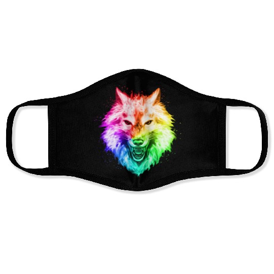 Bright Colorful Wolf Head – Rainbow Howling Wolf F Face Masks