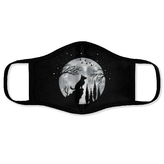 German Shepherd Dog Full Moon At Night German Face Masks