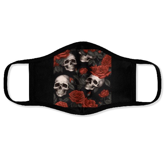 Goth Skulls & Red Roses Pattern Dark Elegant Face Masks