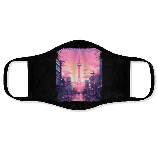Aesthetic Vaporwave Skytree Tokyo Japanese Sight Face Masks