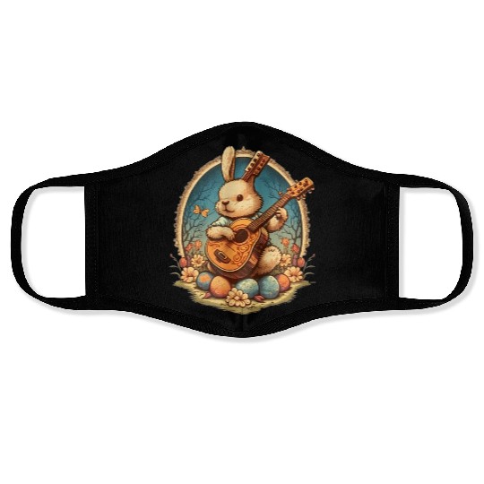 Cottagecore Aesthetic Bunny Playing Banjo Guitar Face Masks