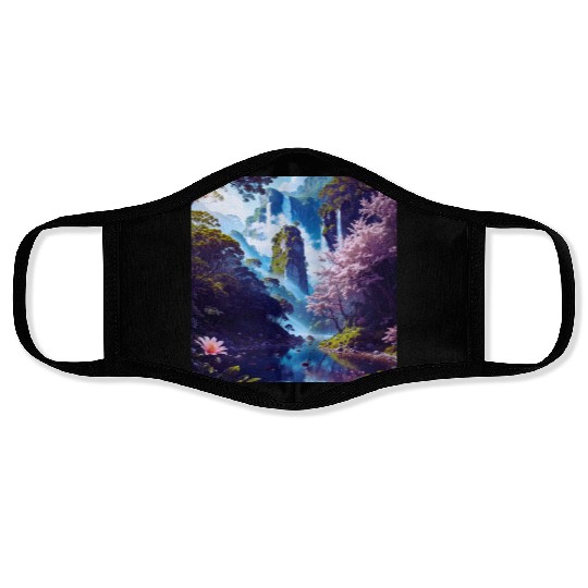 Waterfall in Forest with Pink Flowers and Ducks Face Masks