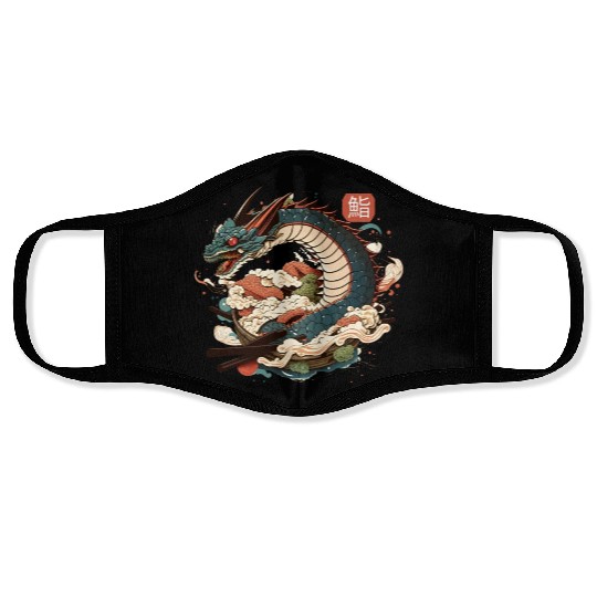 Dragon and Sushi Funny Food Retro Anime Lover Japa Face Masks