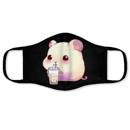 Kawaii hamster with bubble tea Face Masks