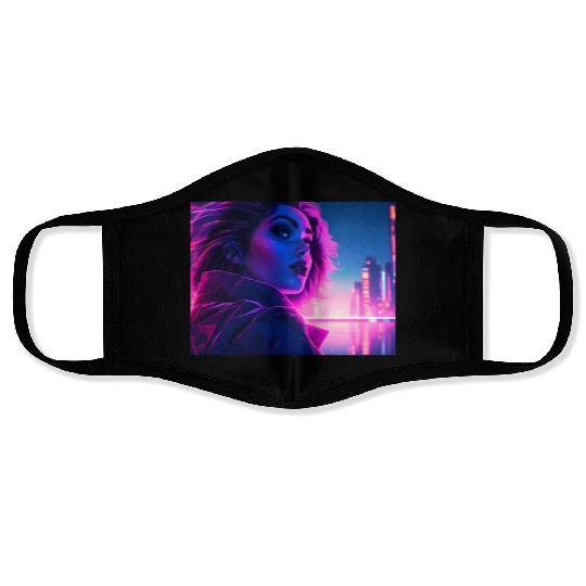 Synthwave girl in front of a neon light city Face Masks