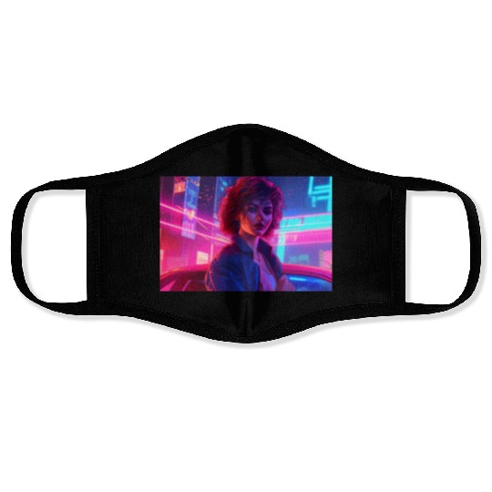 Synthwave Girl - Anime Portrait in Neon Colors Face Masks