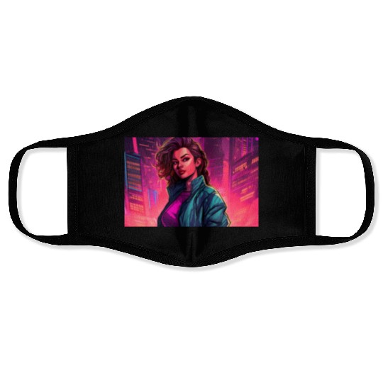 Girl in front of a Neon Pink Cityscape Face Masks