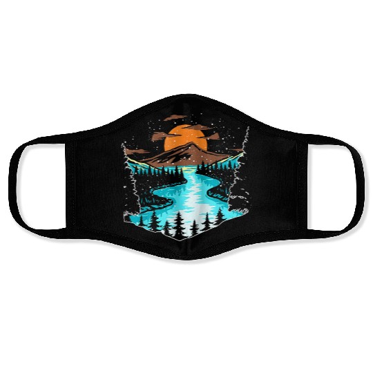 Wildlife Mountain River Outdoor Nature Full Moon Face Masks
