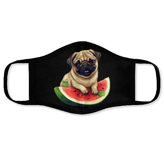 Pug with Melon, Funny Summer Design for Dog Lovers Face Masks