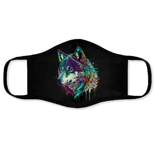 Vibrant Psychedelic Wolf Illustration Face Masks