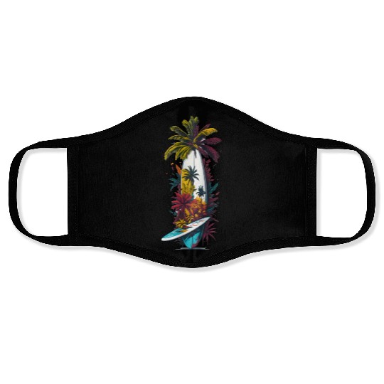 Surfing board tropical Face Masks
