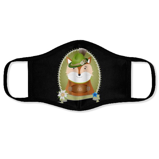 cute fox in costume with hat and leather trousers Face Masks