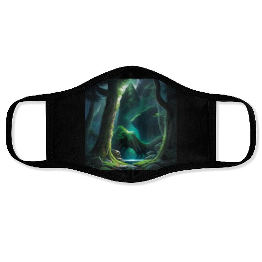 Misty Interior of Trollbark Forest, Green Forest Face Masks