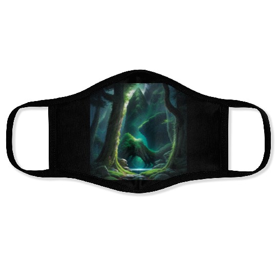 Misty Interior of Trollbark Forest, Green Forest Face Masks