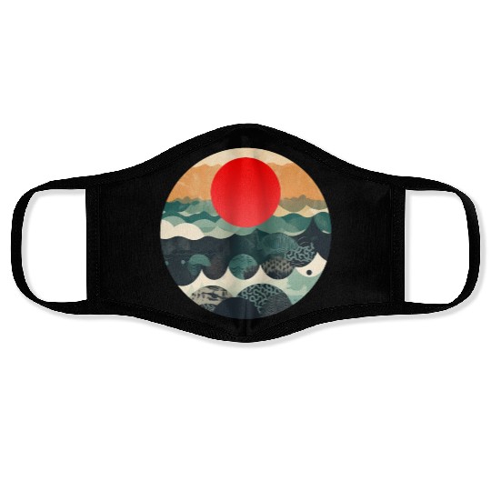 Red sun Japanese Art Inspired Patterned Ocean Face Masks