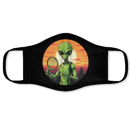 Alien playing Tennis/Badminton at Sunset Face Masks