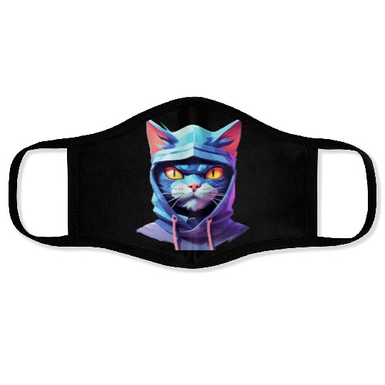 Bold Pastel Prowler: Ninja Cat's Sublime Ferocity Face Masks