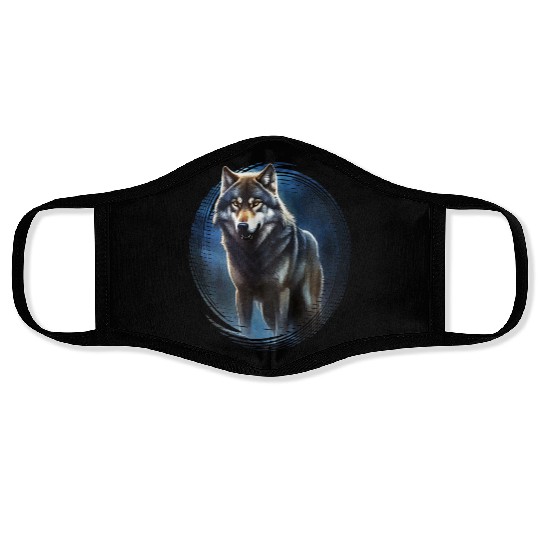 Wolf in the moonlight Face Masks