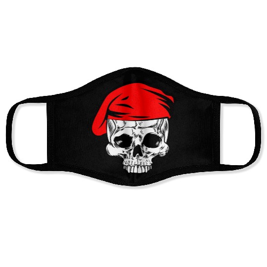 Skeleton skull red beret military army, logo milit Face Masks
