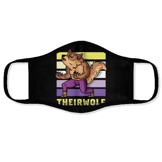 Their Wolf Nonbinary Flag Face Masks