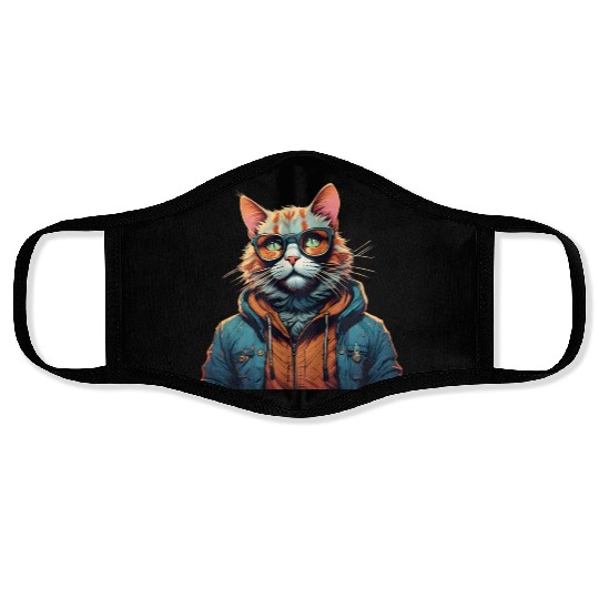 Vintage Cat In Modern Clothes Face Masks