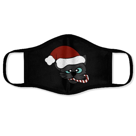 Christmas Black Cat Eating Candy Cane Face Masks