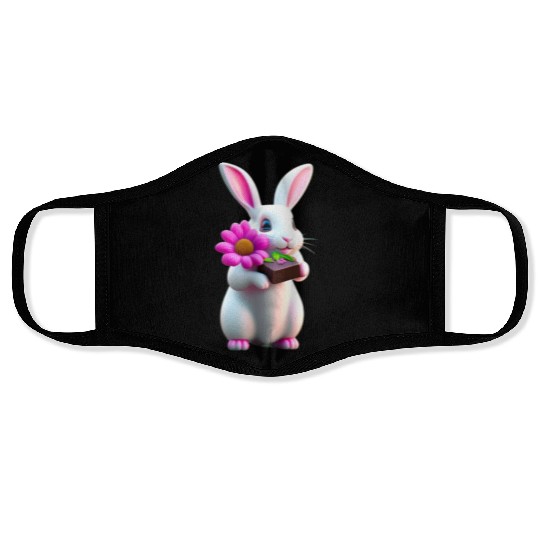 3D cute adorable white rabbit with a flower Face Masks