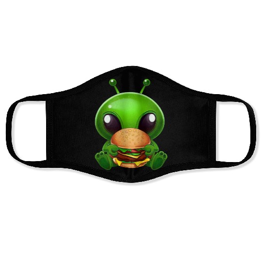Green Alien Enjoying Fast Food Face Masks