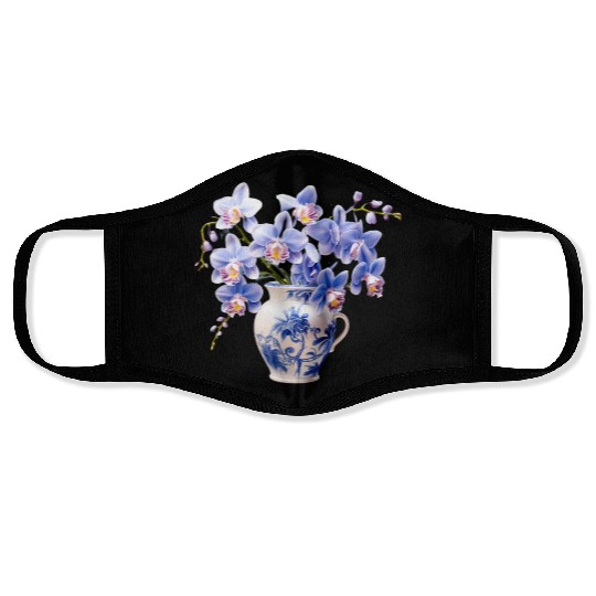 Blue Orchids in a Vase Graphic Face Masks