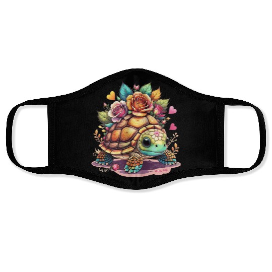 Sweet Turtle among the roses Face Masks