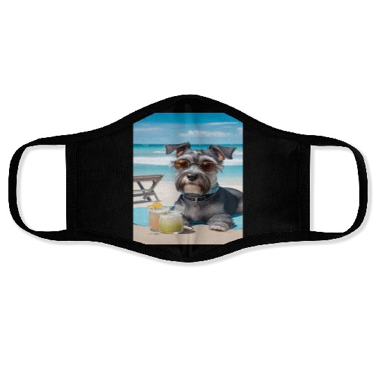 Schnauzer Chilling at the Beach with a Drink Face Masks