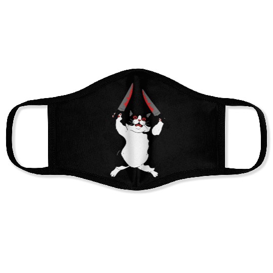 Furious Cat Holding Knifes Funny Design Face Masks