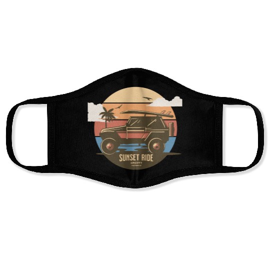 Sunset Ride - Beach Jeep - Groovy California T-Shi Face Masks